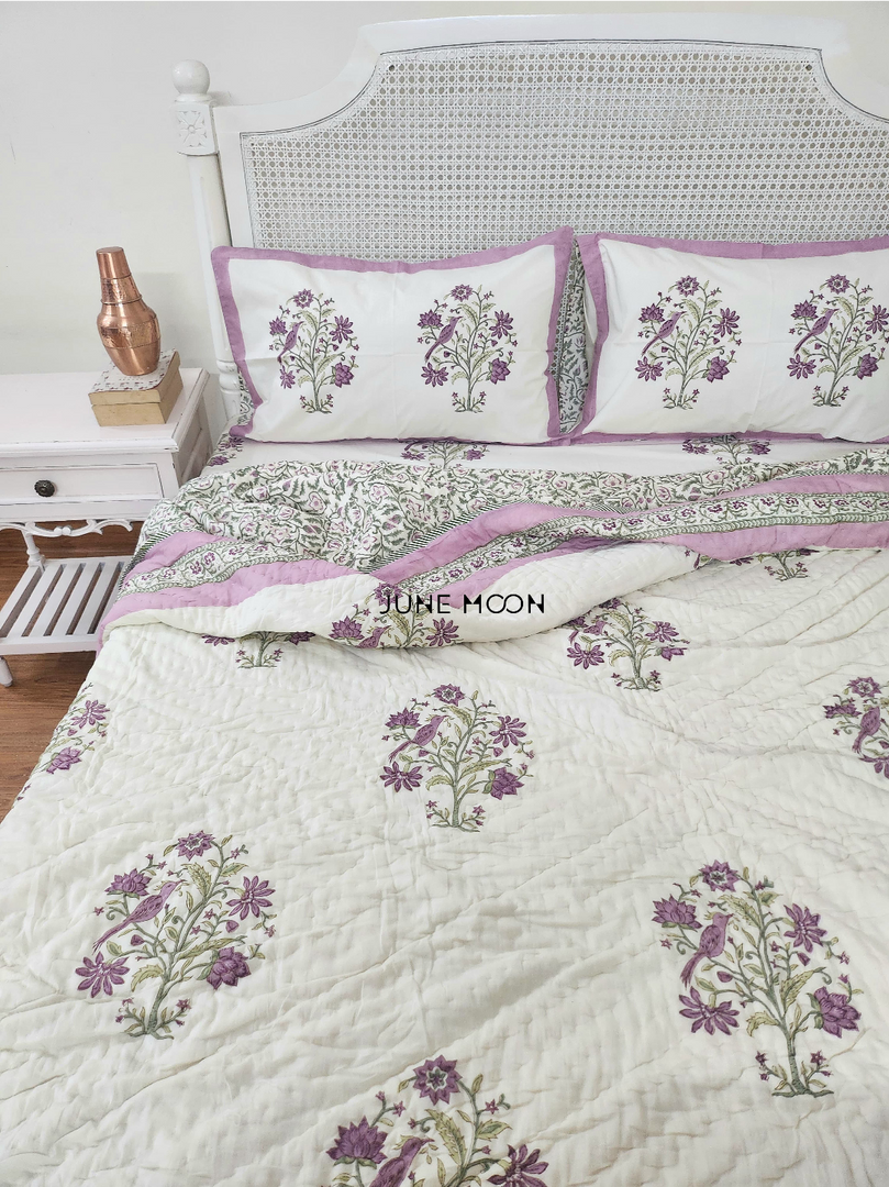 Lavender Fairy - Block Printed Muslin Quilt (Cream Base)