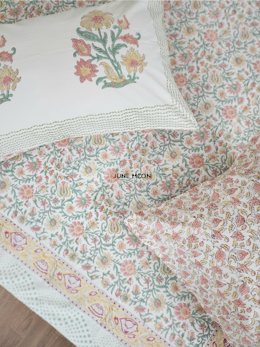 Spring Terrace - Block Printed Bedsheet Set (Peach Base)