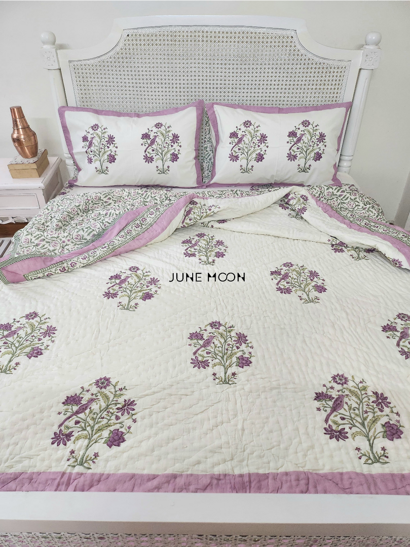 Lavender Fairy - Block Printed Muslin Quilt (Cream Base)