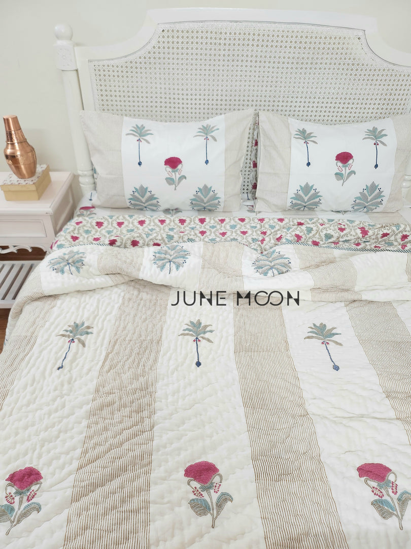 Mint To Be - Set of Quilt & Bedsheet (Bedsheet - Cream Base)