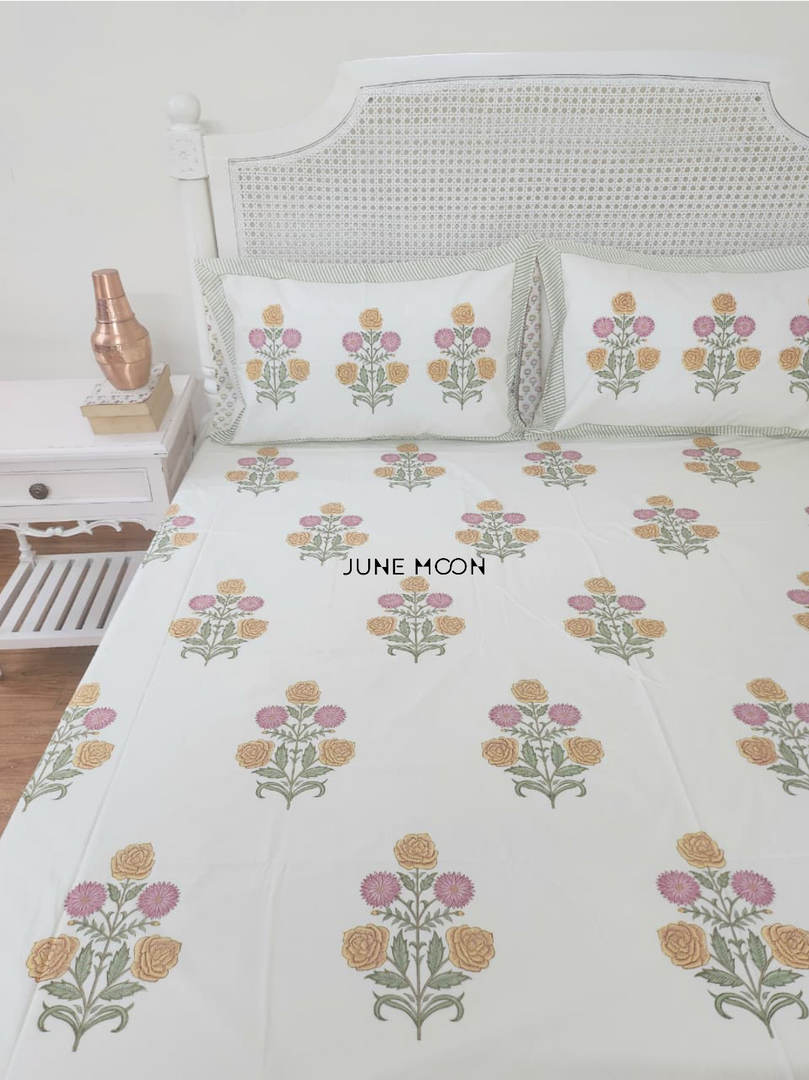 Heart Of Gold - Block Printed Bedsheet Set (Cream Base)