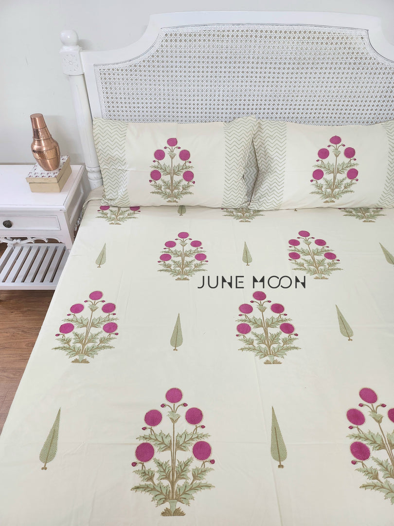 Rose Chalet - Block Printed Bedsheet Set (Cream Base)