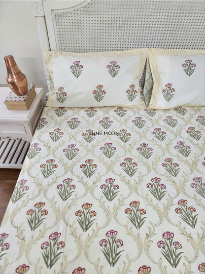 Noon Of June - Block Printed Bedsheet Set (Cream Base)