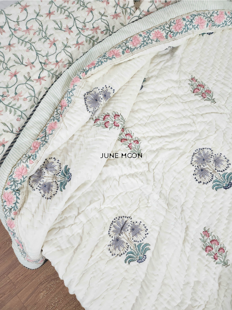 Sweet Melody - Block Printed Muslin Quilt (Cream Base)