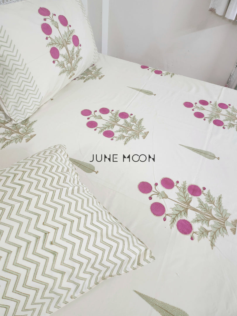 Rose Chalet - Block Printed Bedsheet Set (Cream Base)