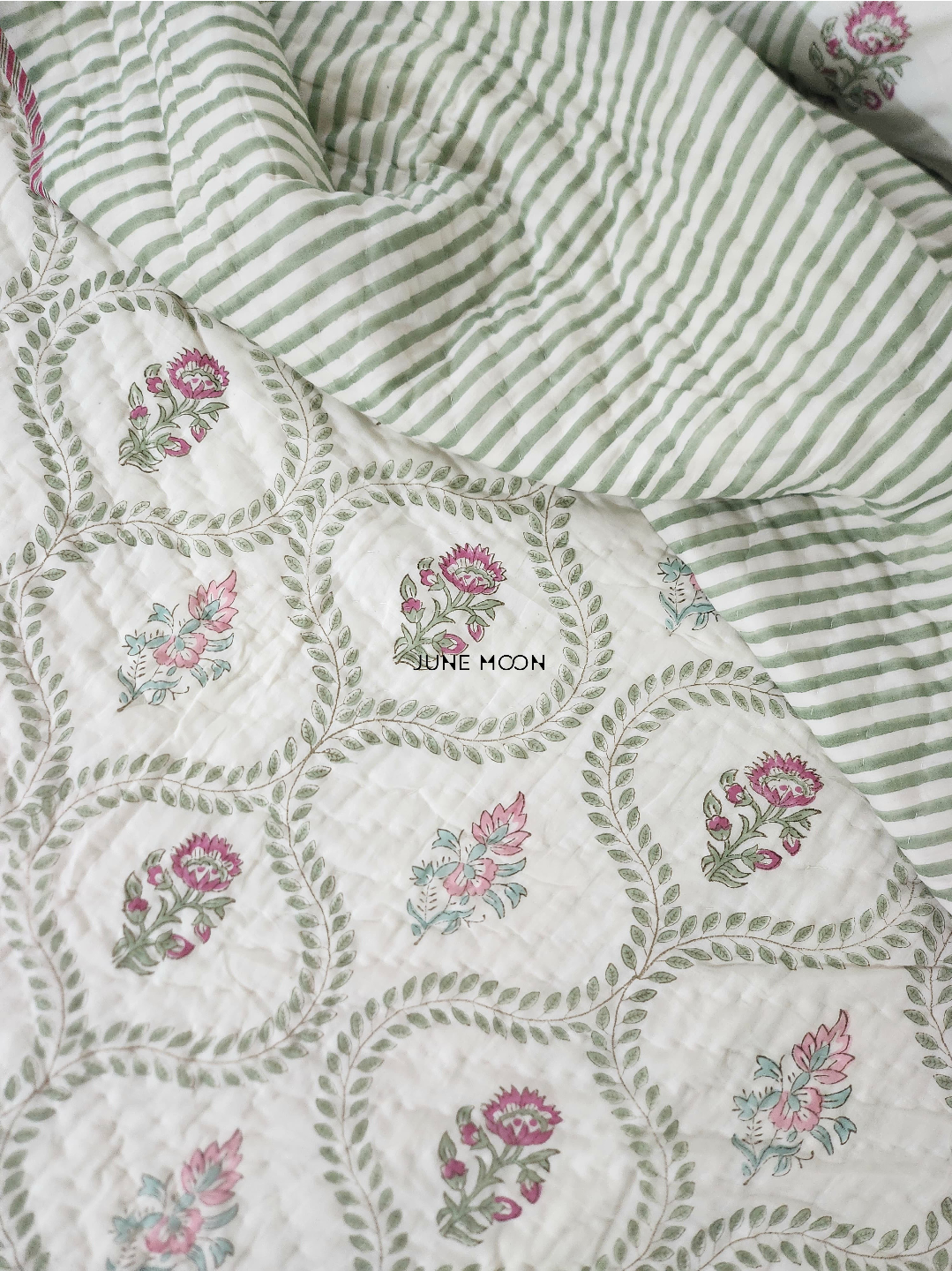 Rosewood - Block Printed Muslin Quilt (Cream Base)