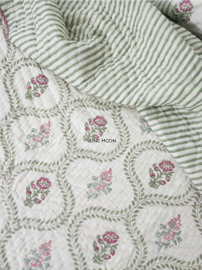 Rosewood - Block Printed Muslin Quilt (Cream Base)