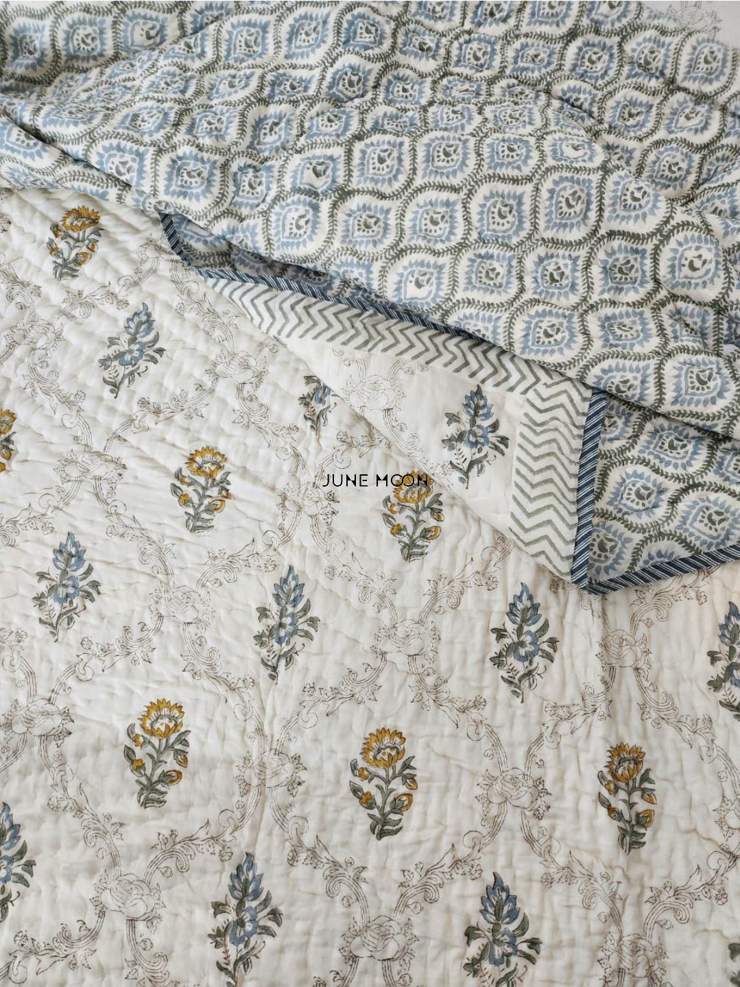 Golden Hour - Block Printed Muslin Quilt (Cream Base)