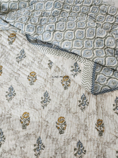Golden Hour - Block Printed Muslin Quilt (Cream Base)
