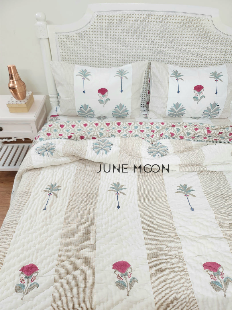 Mint To Be - Set of Quilt & Bedsheet (Bedsheet - Cream Base)