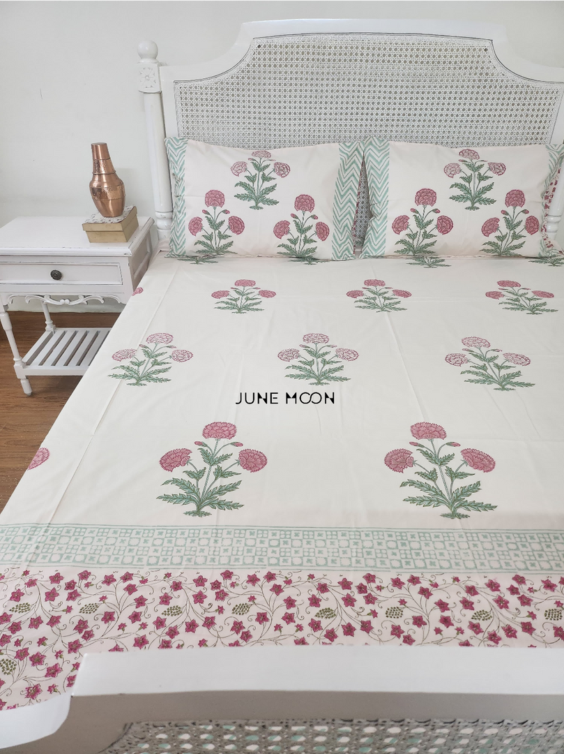 Hued Mist - Block Printed Bedsheet Set (Pink Base)