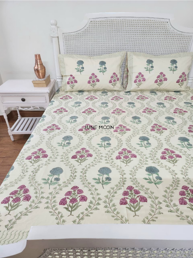 Sadabahaar - Block Printed Bedsheet Set (Cream Base)