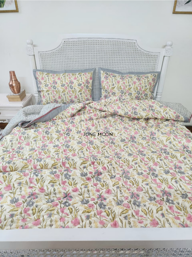 Lavendelle - Block Printed Muslin Quilt (Cream Base)