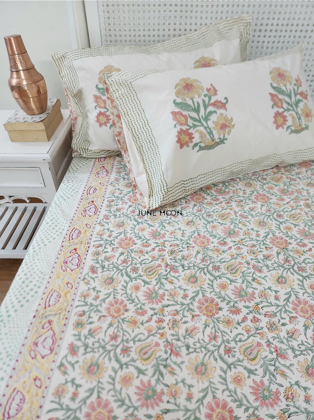 Spring Terrace - Block Printed Bedsheet Set (Peach Base)
