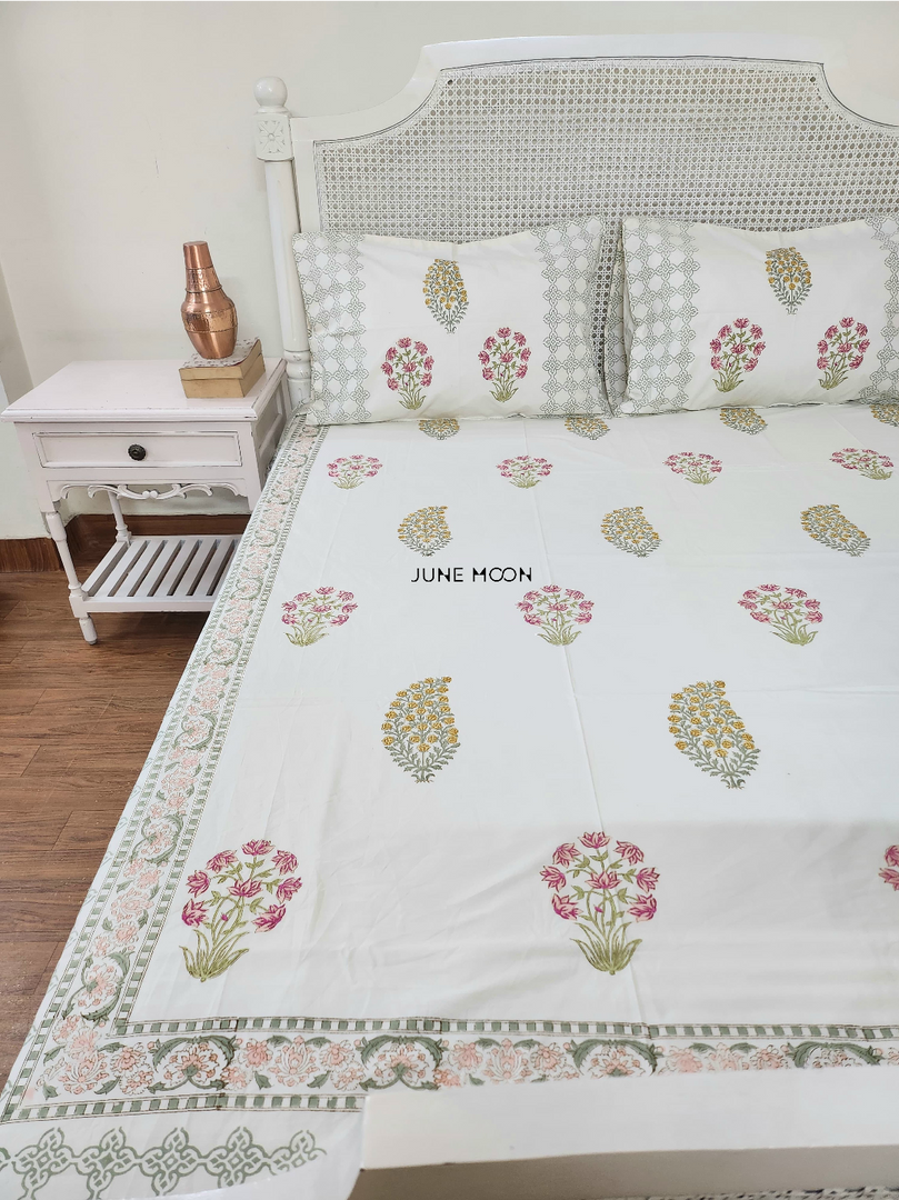 Gulmohar - Block Printed Bedsheet Set (Cream Base)