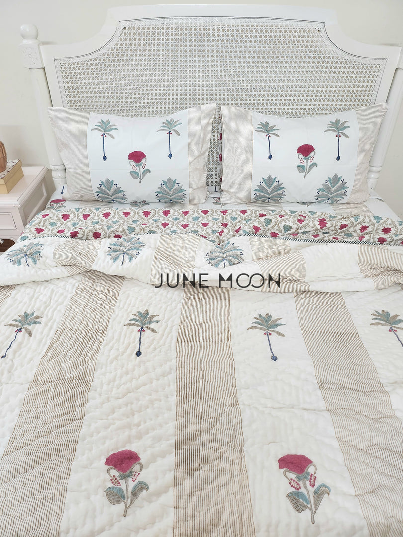 Mint To Be - Set of Quilt & Bedsheet (Bedsheet - Cream Base)