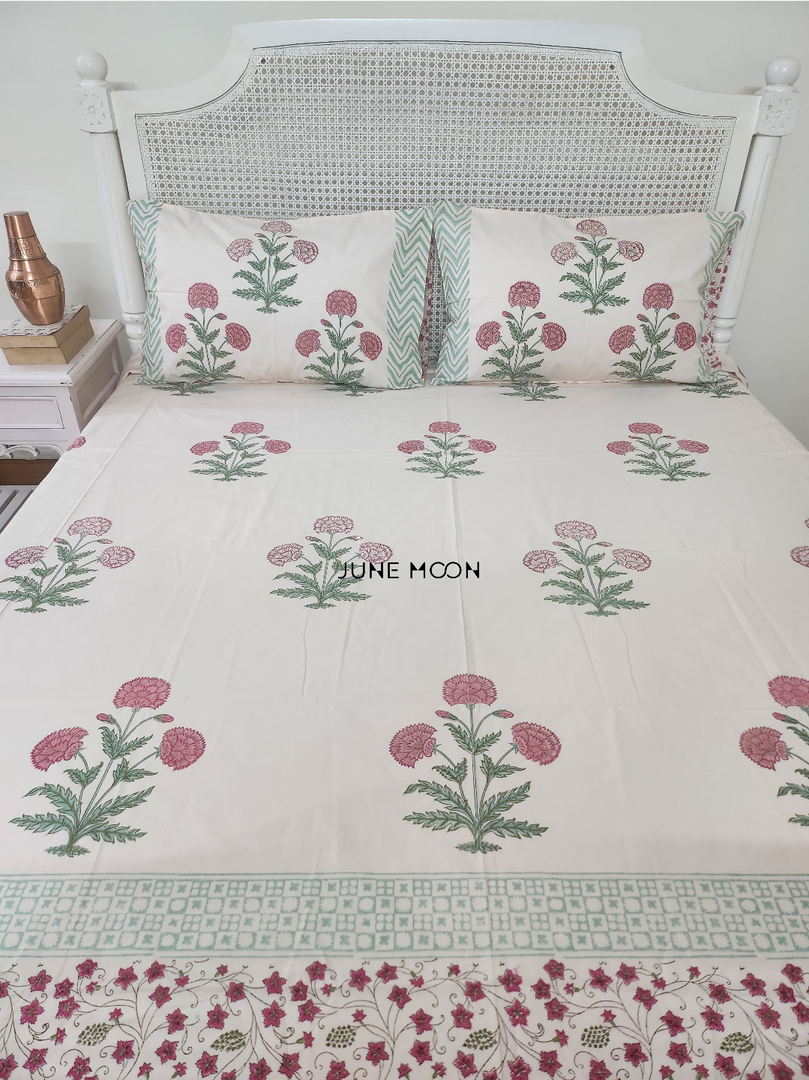 Hued Mist - Block Printed Bedsheet Set (Pink Base)