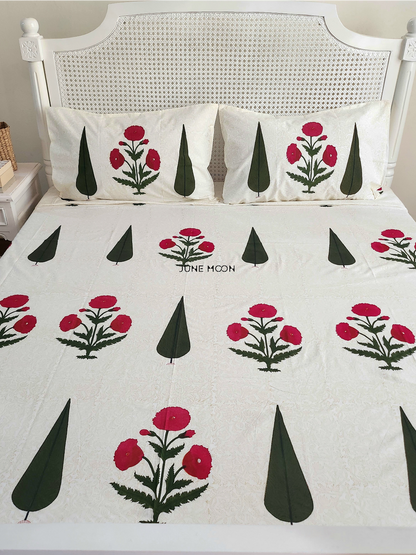 Carmine Sunset - Block Printed Bedsheet Set