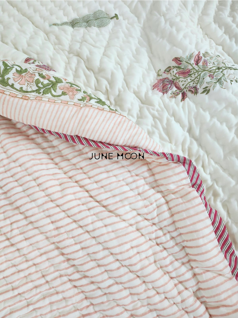 Sweet Escape - Block Printed Muslin Quilt (Off White Base)
