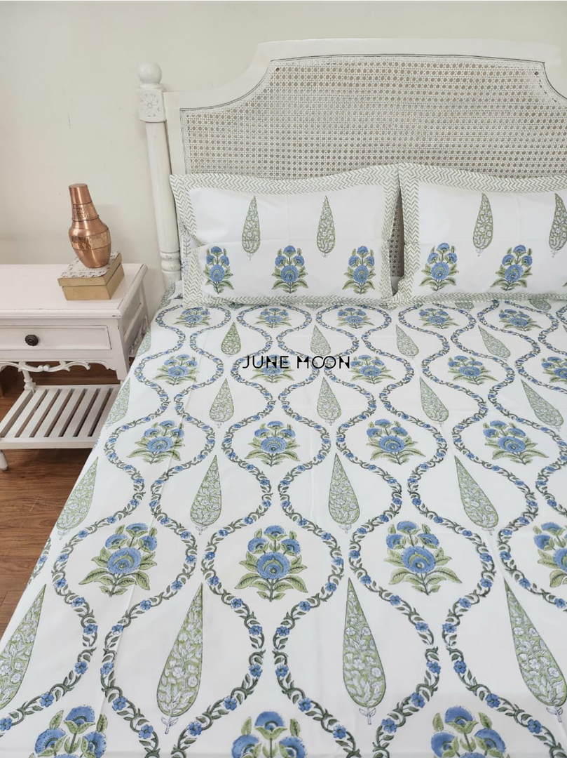 Cool Cascades - Block Printed Bedsheet Set
