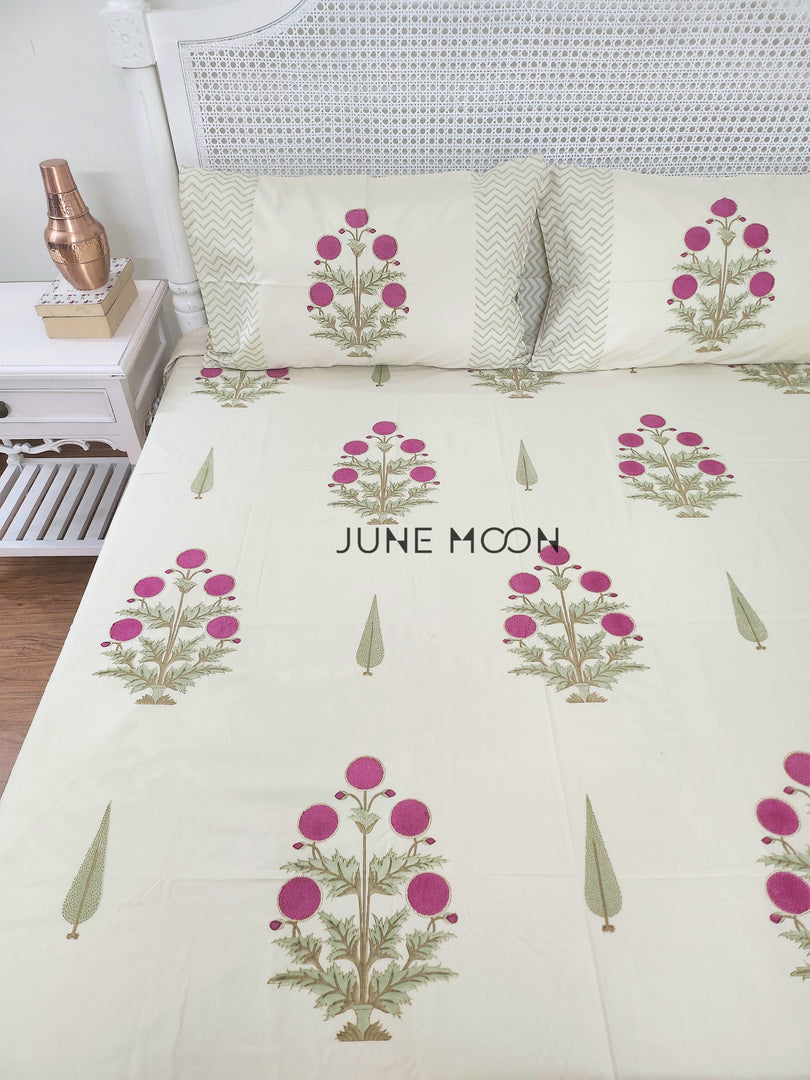 Rose Chalet - Block Printed Bedsheet Set (Cream Base)