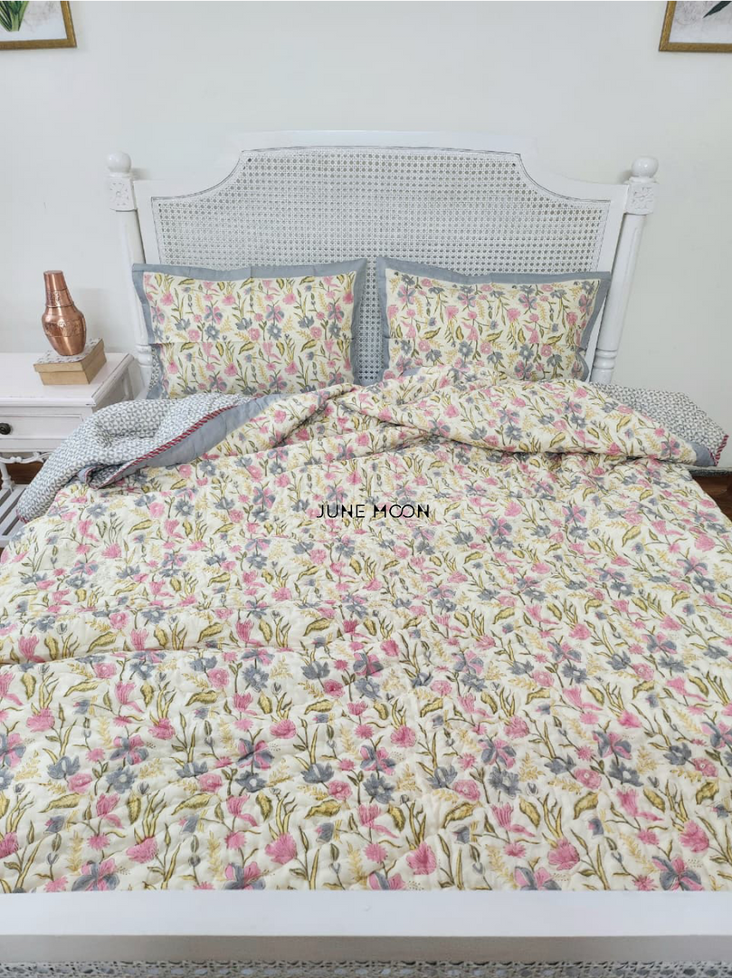 Lavendelle - Block Printed Muslin Quilt (Cream Base)