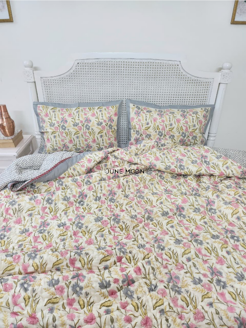 Lavendelle - Block Printed Muslin Quilt (Cream Base)