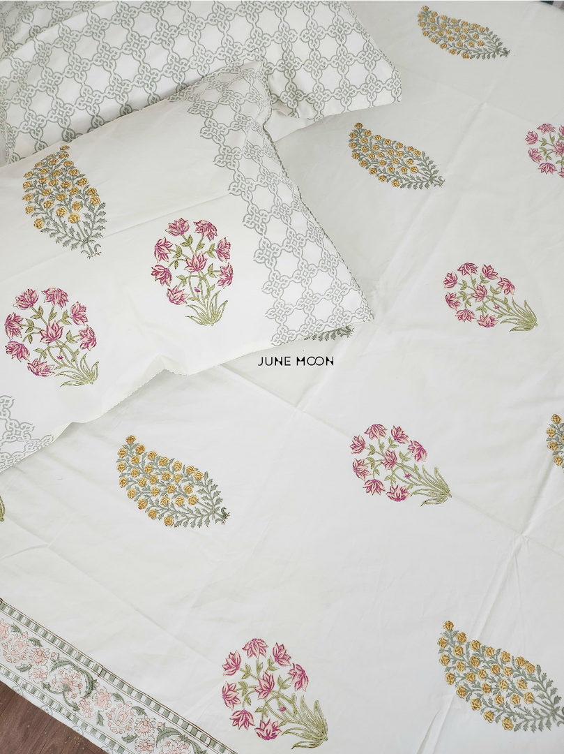 Gulmohar - Block Printed Bedsheet Set (Cream Base)