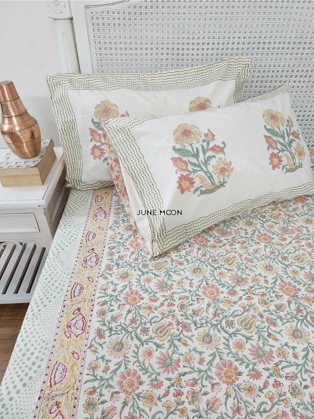 Spring Terrace - Block Printed Bedsheet Set (Peach Base)