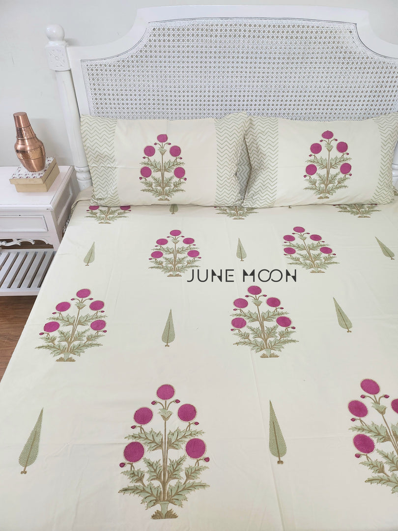 Rose Chalet - Block Printed Bedsheet Set (Cream Base)