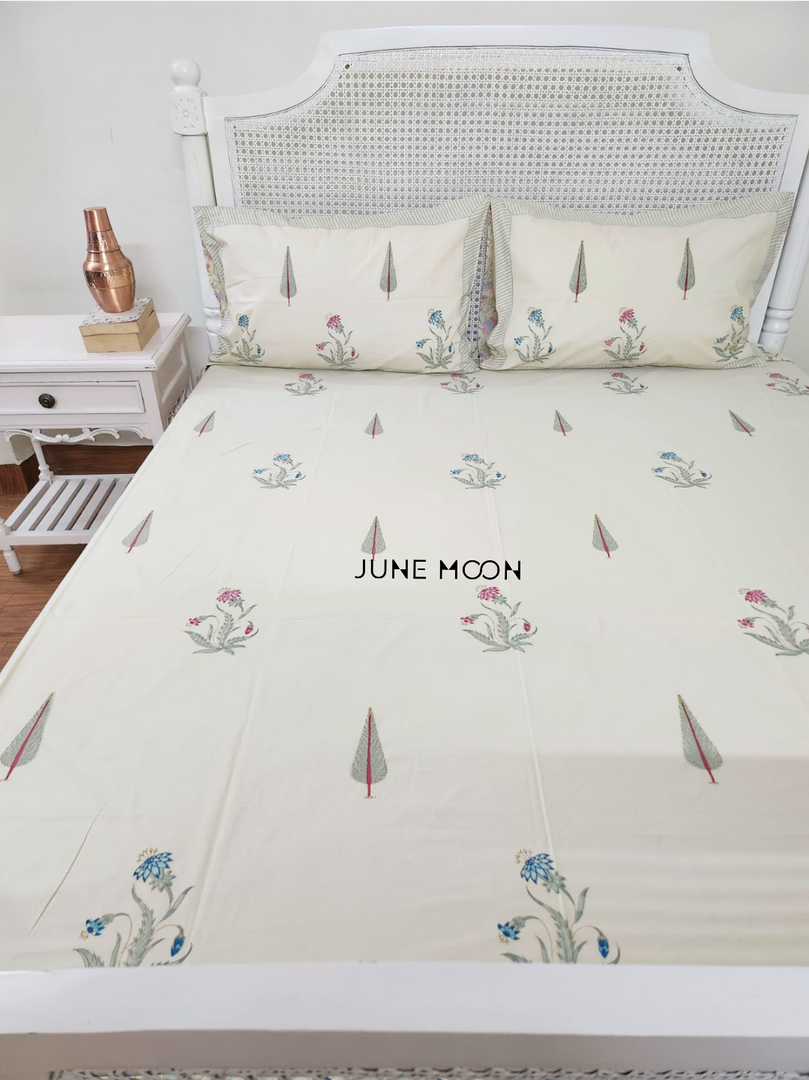 Forget Me Not - Block Printed Bedsheet Set (Cream Base)