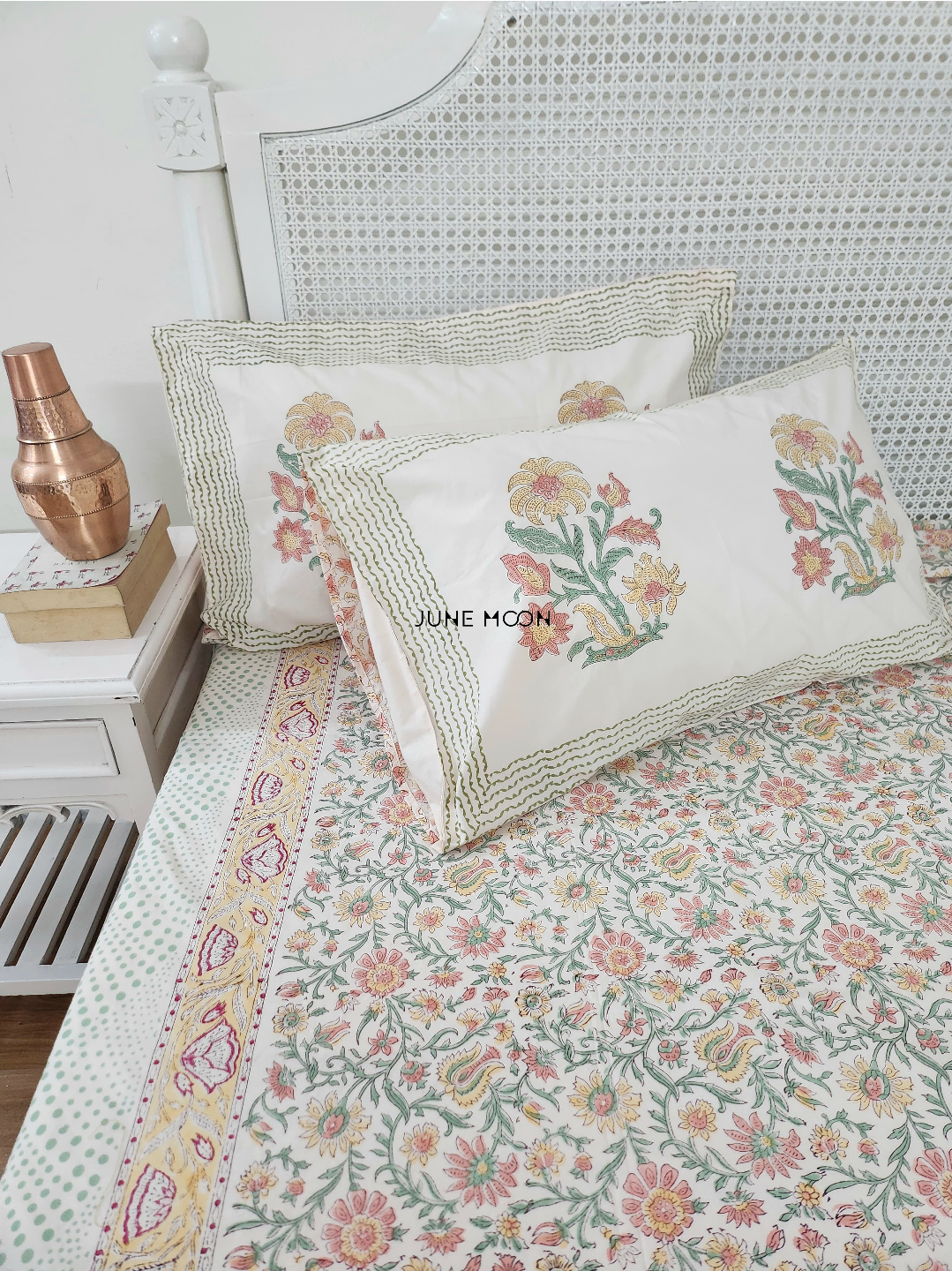 Spring Terrace - Block Printed Bedsheet Set (Peach Base)