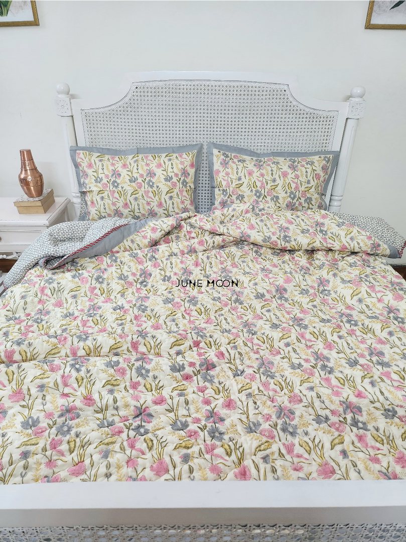 Lavendelle - Block Printed Muslin Quilt (Cream Base)