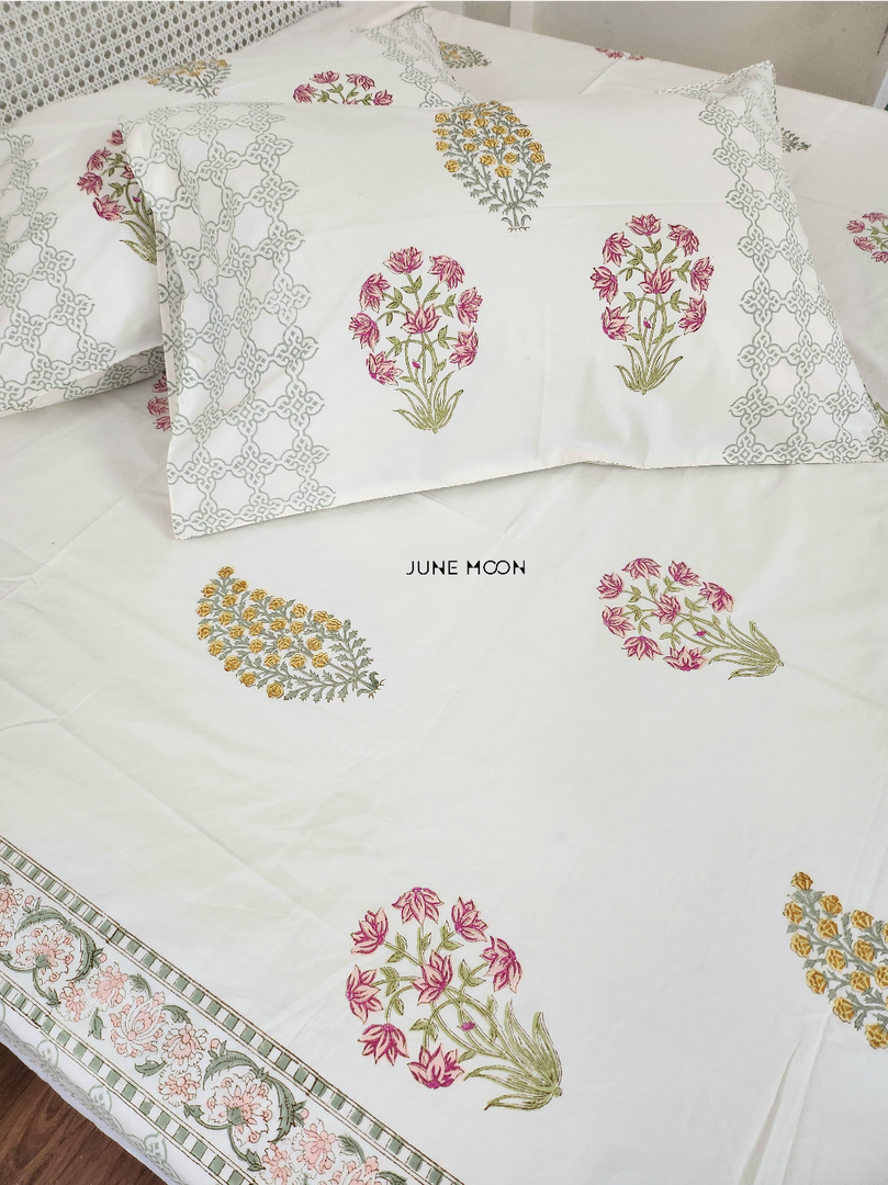 Gulmohar - Block Printed Bedsheet Set (Cream Base)