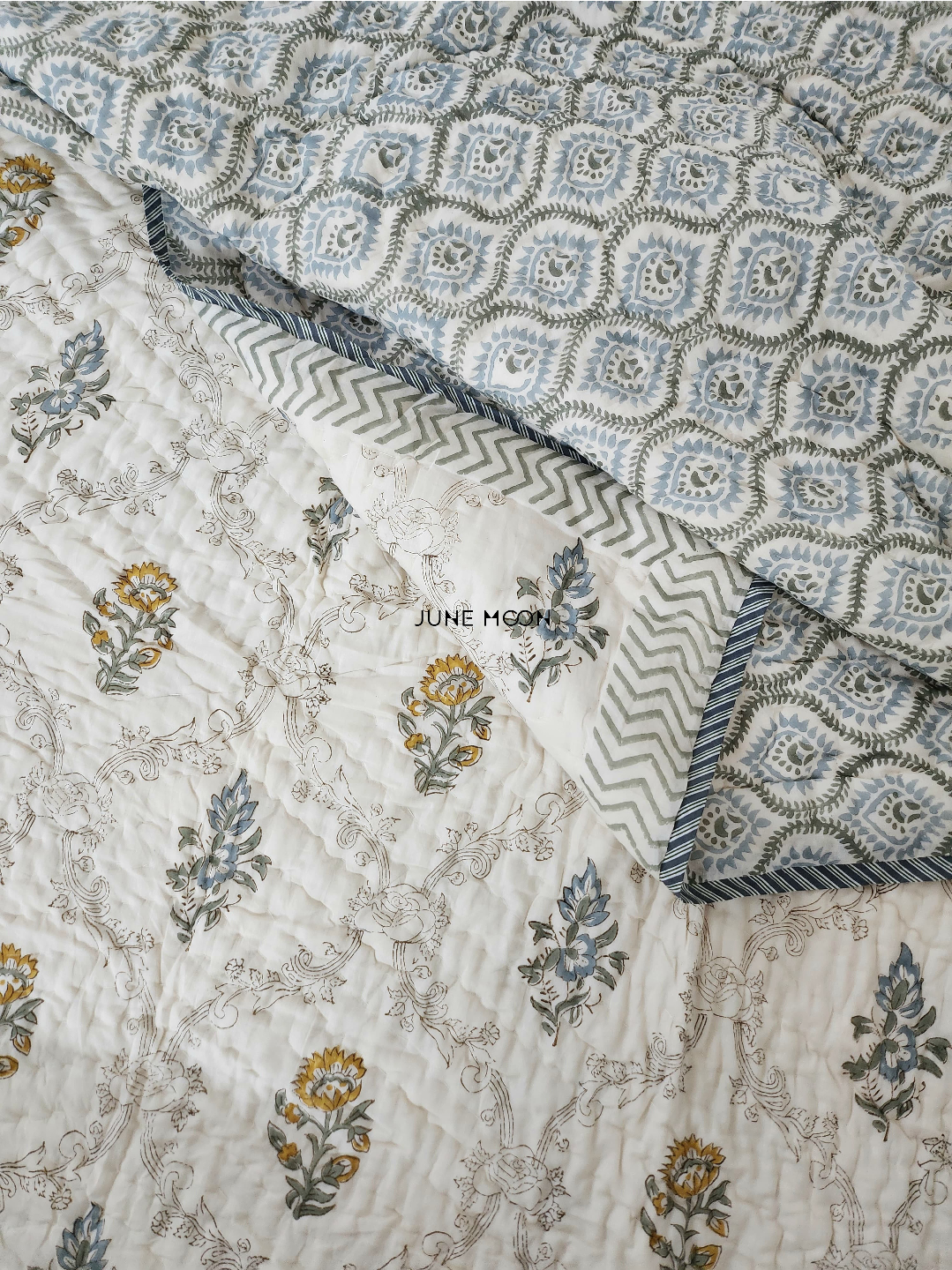 Golden Hour - Block Printed Muslin Quilt (Cream Base)