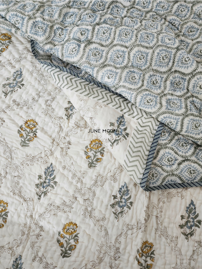 Golden Hour - Block Printed Muslin Quilt (Cream Base)