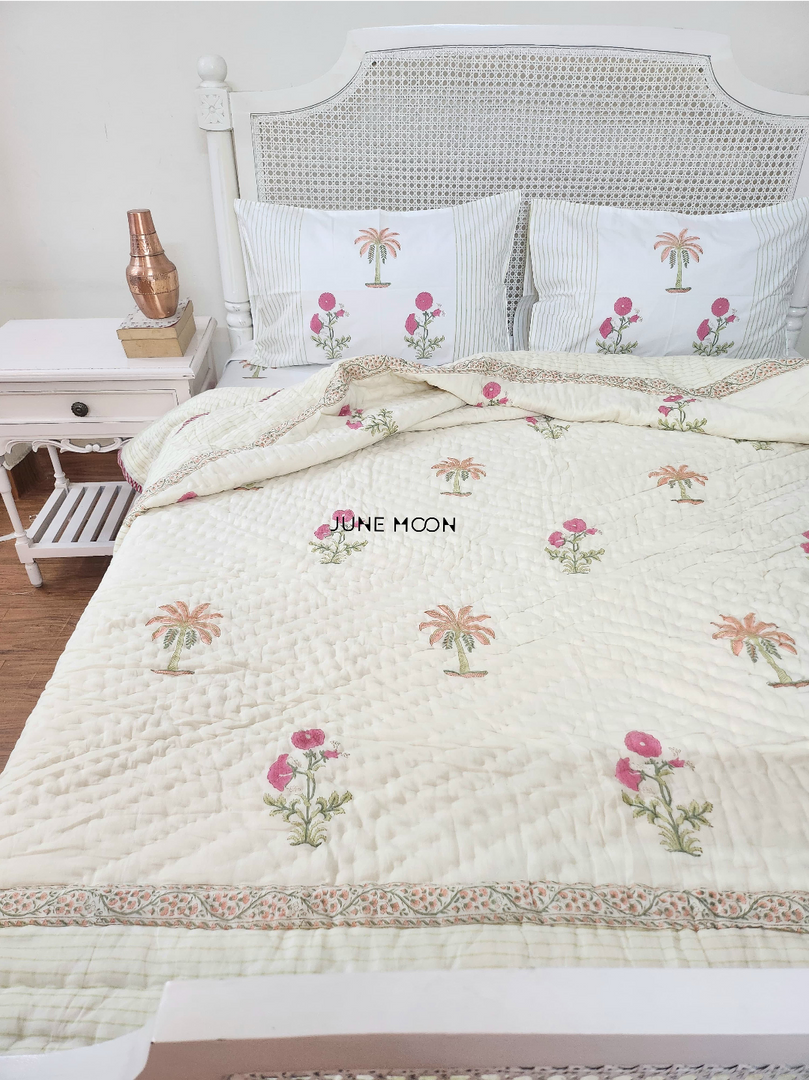 Gulnoor - Set of Quilt & Bedsheet (Quilt - Cream Base)