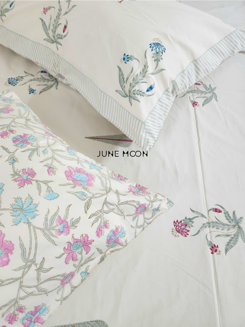 Forget Me Not - Block Printed Bedsheet Set (Cream Base)