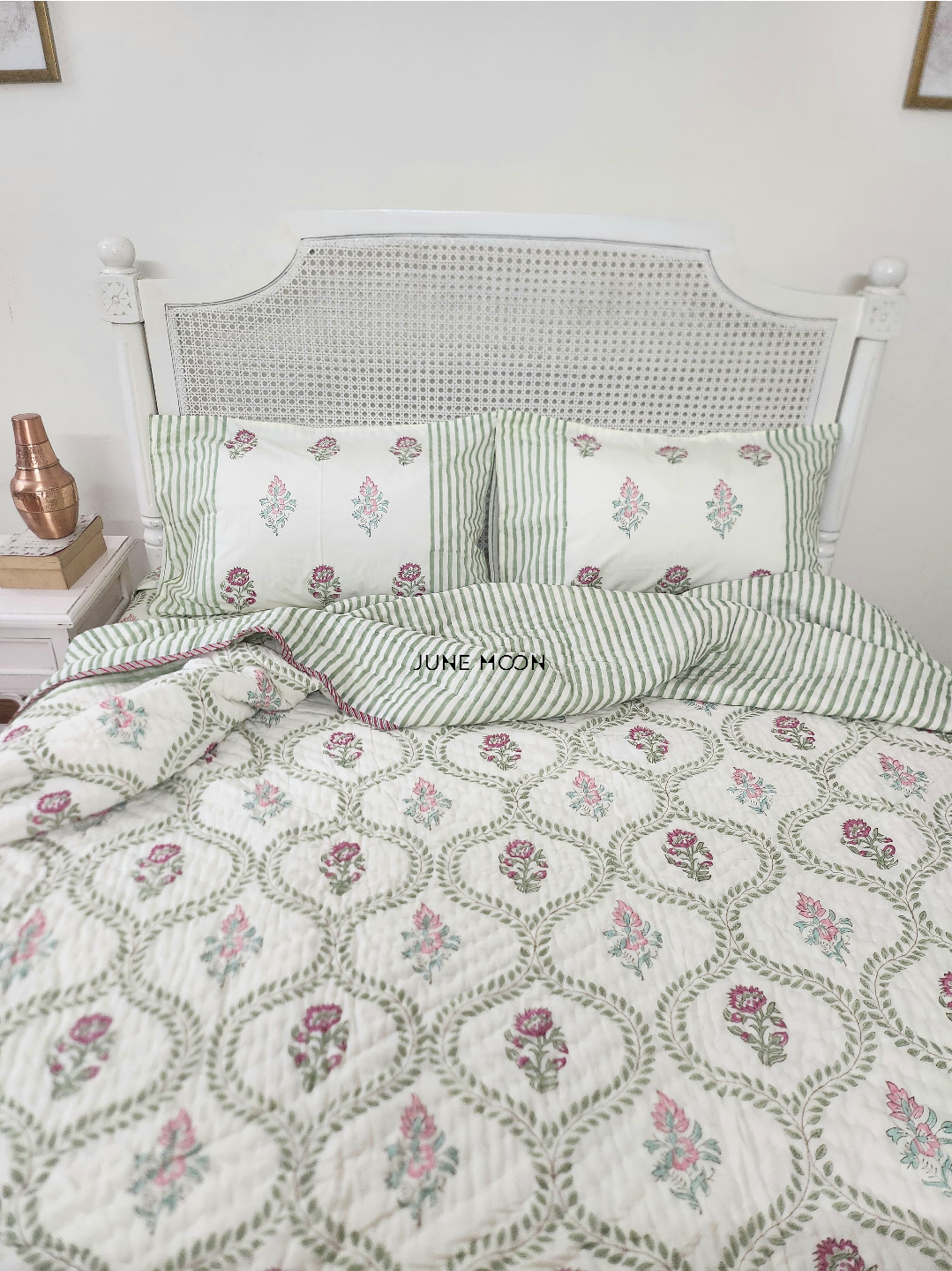 Rosewood - Block Printed Muslin Quilt (Cream Base)