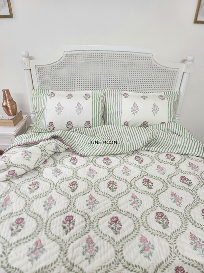 Rosewood - Block Printed Muslin Quilt (Cream Base)