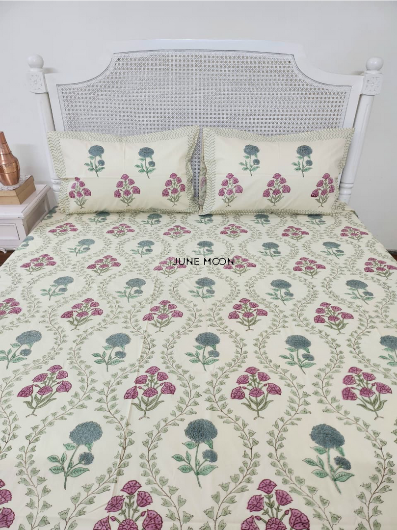 Sadabahaar - Block Printed Bedsheet Set (Cream Base)