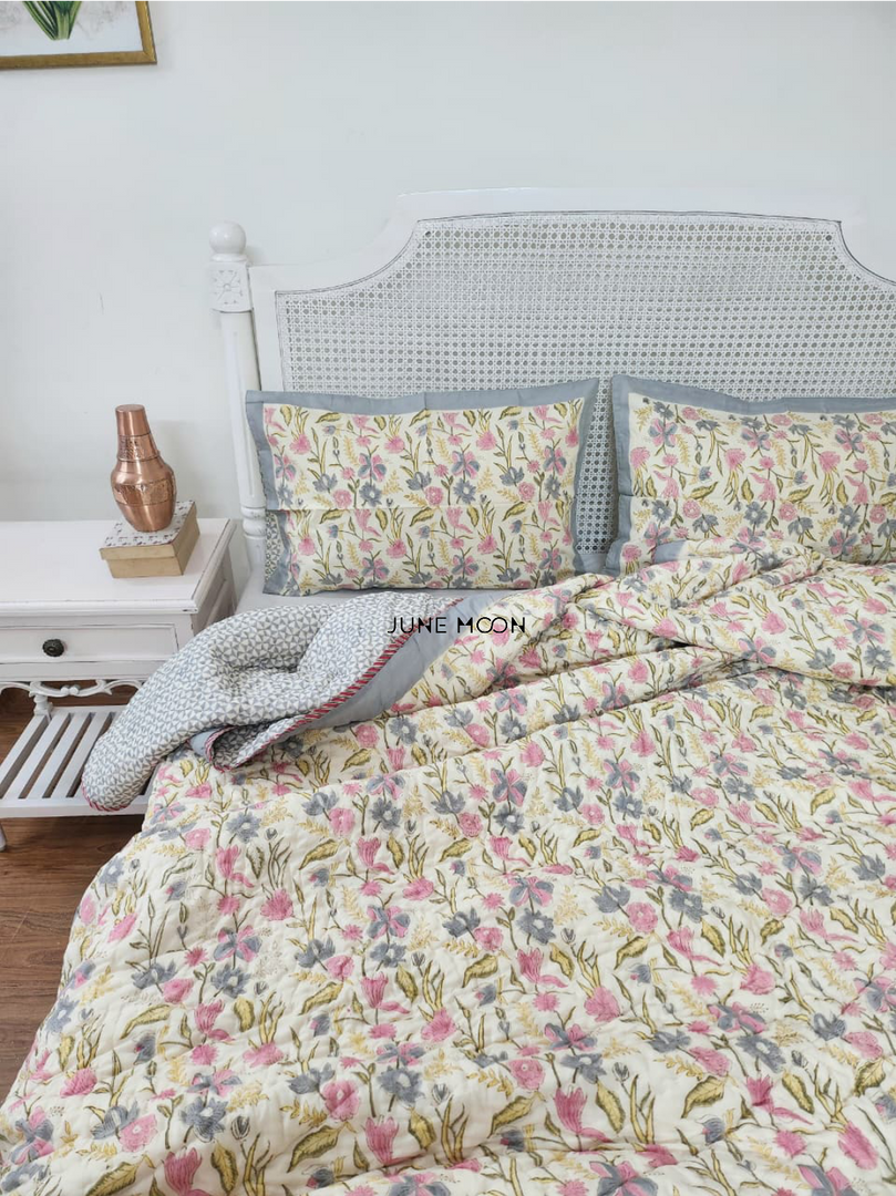 Lavendelle - Block Printed Muslin Quilt (Cream Base)