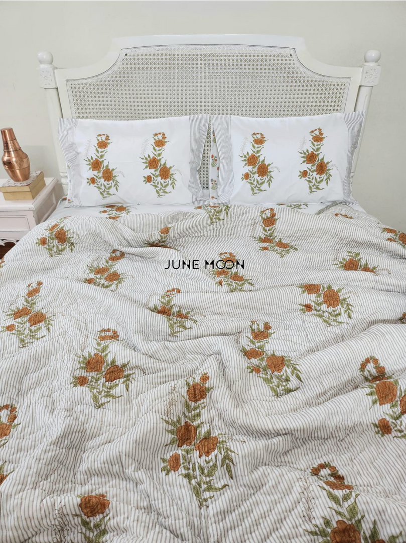 Warm Roses - Block Printed Muslin Quilt