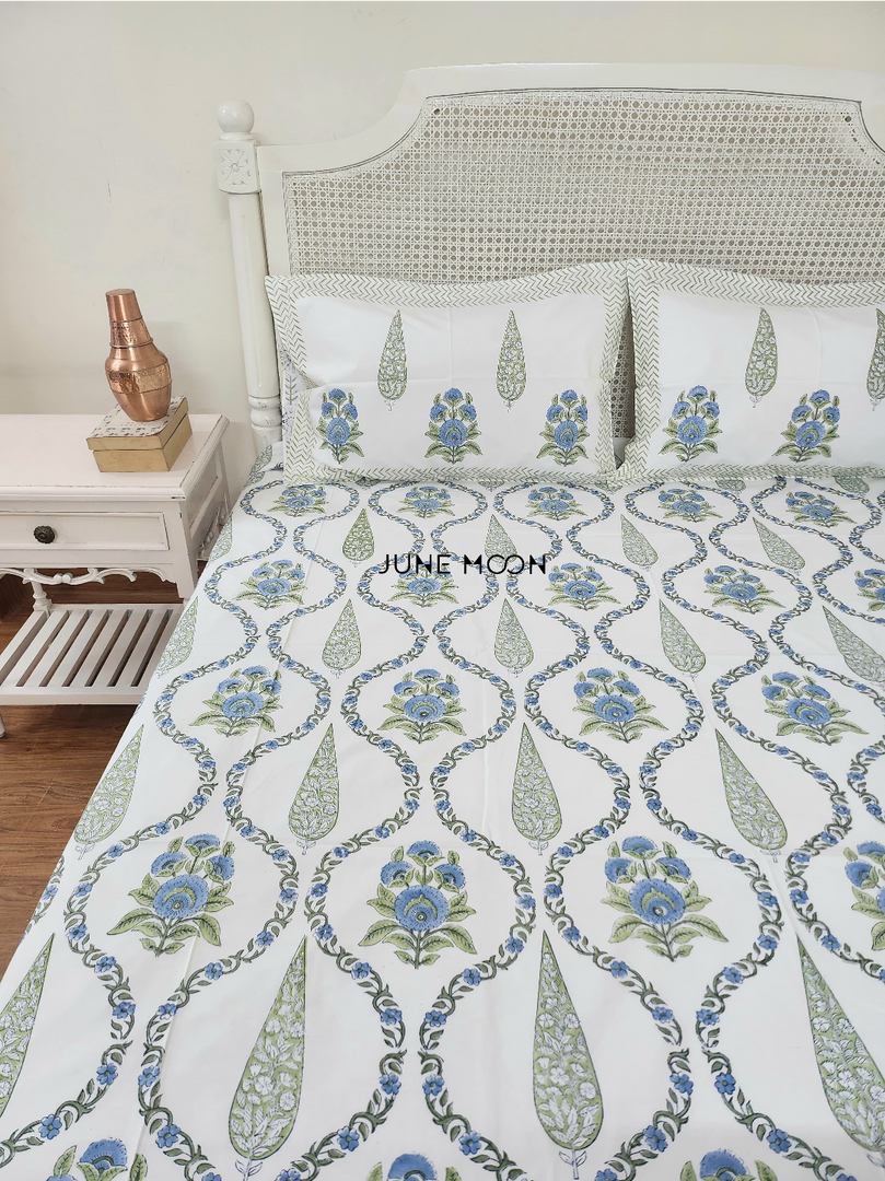 Cool Cascades - Block Printed Bedsheet Set